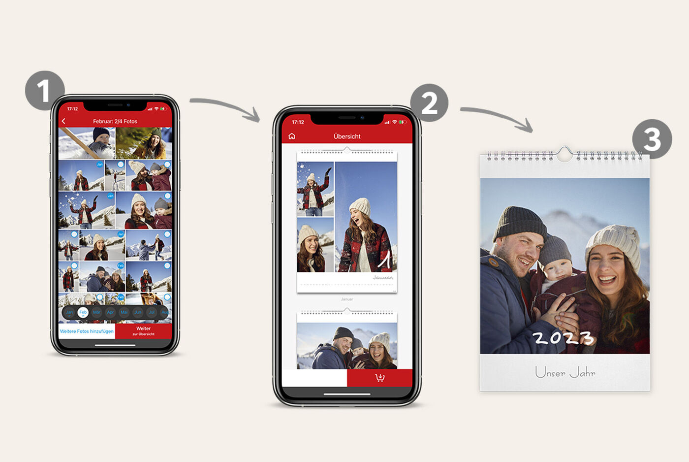 Tre passi per creare un calendario fotografico CEWE su uno smartphone: 1. Scegliere foto, 2. Adattare layout, 3. Calendario 2023 pronto.
