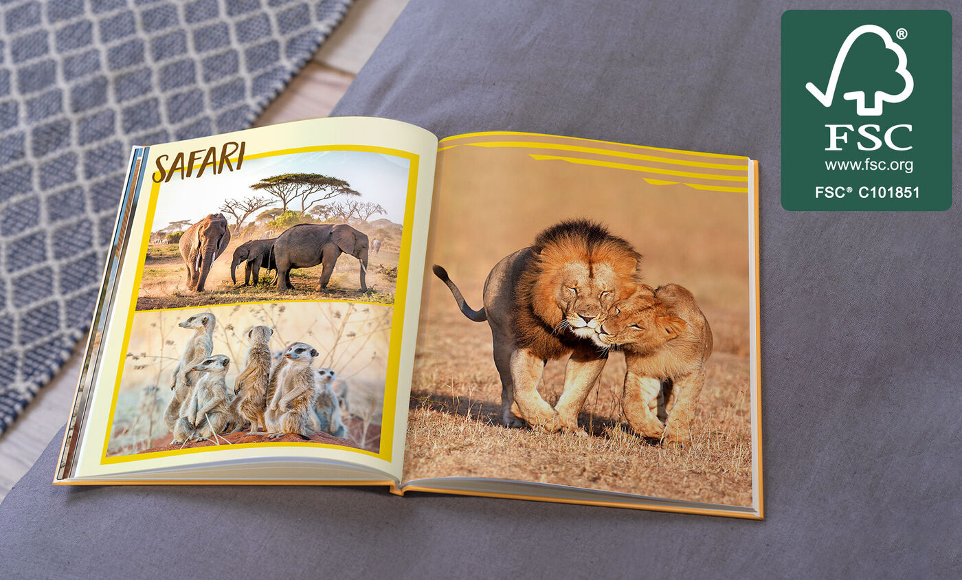 Un album fotografico a tema safari. A sinistra ci sono elefanti e suricati, a destra due leoni che giocano.