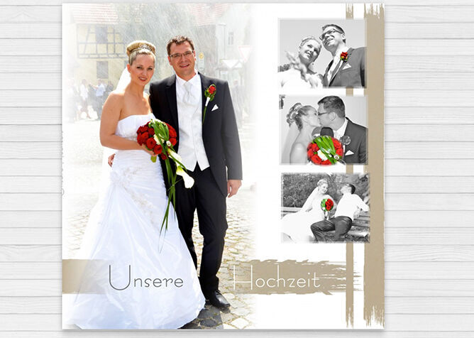 Una coppia di sposi posa felice nel giorno del loro matrimonio, circondati da ricordi in un bel layout.