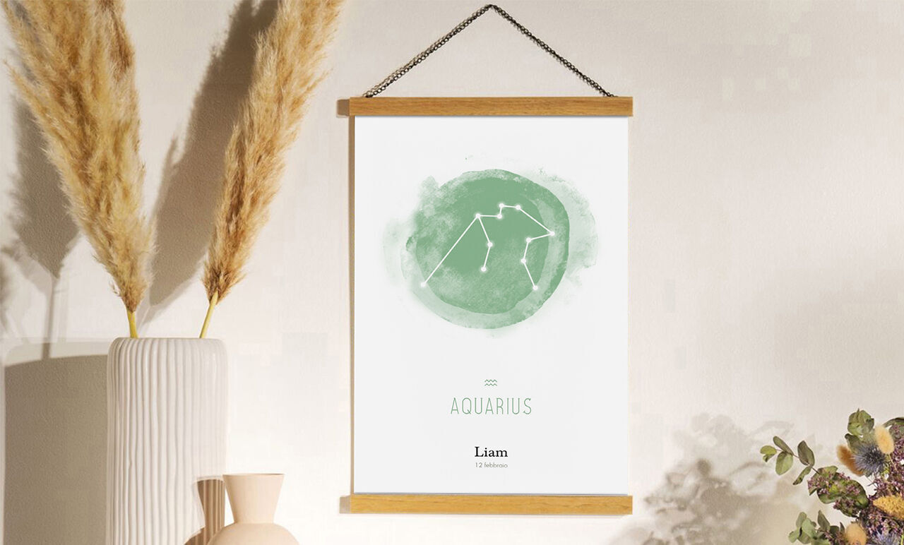 Quadro personalizzabile con il segno zodiacale dell'Acquario per Liam in delicati verdi.