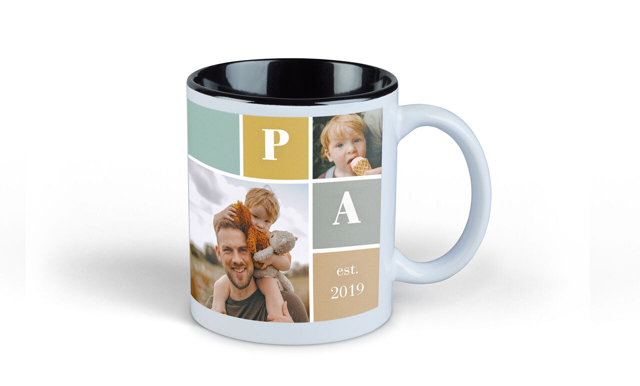Tazza con foto personalizzate, cornici colorate e anno.